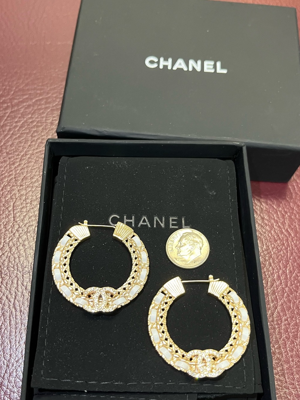 CHANEL Crystal Lambskin CC Chain Hoop Earrings in Gold and White